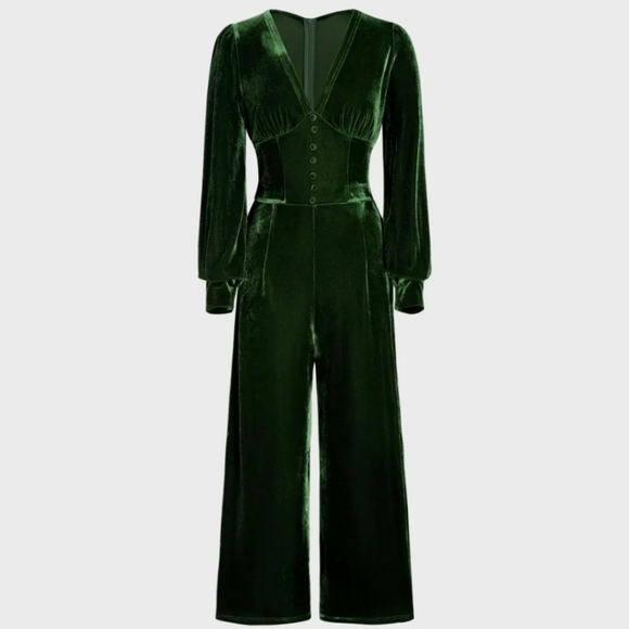Green Velvet V-neck Corset Wide Leg Jumpsuit - Picture 1 of 3